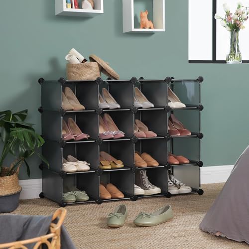 SONGMICS Shoe Rack, 16 Cubes Plastic Shoe Storage Organizer