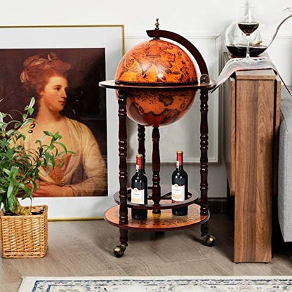 COSTWAY Globe Wine Bar Cabinet, Italian Replica Bar Cart with Wheels and Liquor Bottle Shelf, Solid Wood Wine Bar Stand for Home, Kitchen, Bar, Pub (Brown)