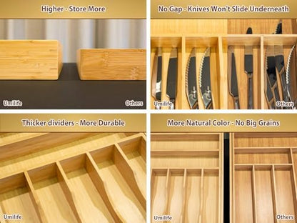 Umilife Large Expandable Kitchen Silverware Utensils Drawer Organizer, 2.5" Extra High Adjustable Drawer Divider with Curved Grooves, Bamboo Wood Cutlery Tray Flatware Holder