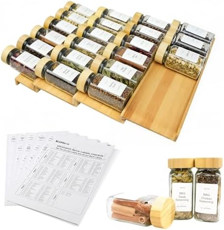 Spice Drawer Organizer with 24 Bamboo-lidded Spice Jars,216 Labels,25 Non-slip Rubber, Bamboo 4 Tier Seasoning Rack Tray Insert for Kitchen Drawers,Cabinets,Countertop,11" Wide x 15.8" Deep