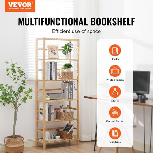 VEVOR 6-Tier Bamboo Shelf, Open Wood Bookshelf, Display Storage Rack Organizer, Freestanding Flower Plant Stand, Multifunctional Bamboo Bookshelf Ideal for Bathroom, Bedroom, Office, Study, Natural