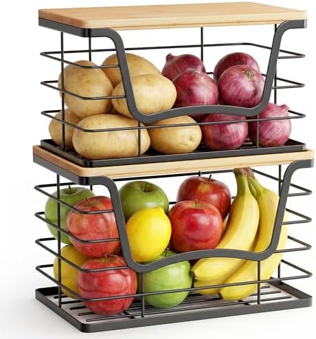 ALOCEO 2 Pack Stackable Wire Storage Basket with Bamboo Lid, Stainless Steel Extra Large Trash Bag Dispenser Roll Holder for Kitchen Sink, Laundry, Pantry Organizer and Storage, Black