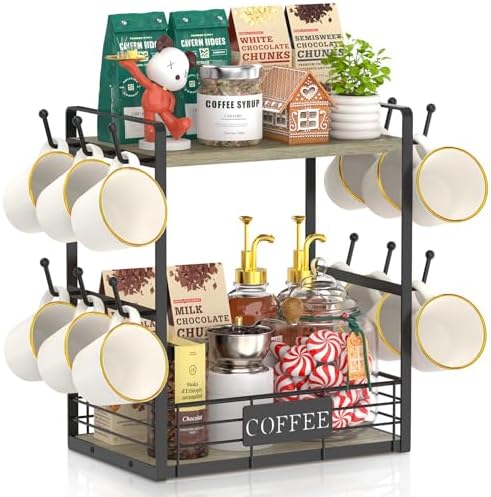 EsLuker.ly Coffee Mug Cup Holder Tree Bar Station Organizer, 2 Tier Grey Oak