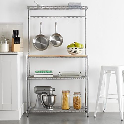 Amazon Basics 3 Tier Sturdy Baker's Rack with Kitchen Storage, Storage Shelf, Utility Storage, Removable Top, Hanging Bar, 14" x 35.83" x 63.31", Wood/Chrome