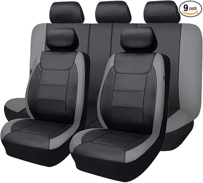 Flying Banner car seat Covers Protects Water Proof Faux Leather Carbon Fiber Front and Rear Bench (Gray Black, Full Set - 9PCS)