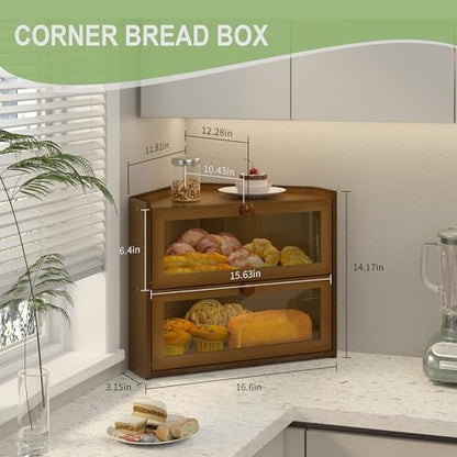 JANSNIMEN Corner Bread Box for Kitchen Countertop Bamboo Bread Holder Large