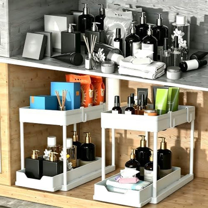 DEKAVA Cabinet, 2 Pack Under Sink Organizer, 2 Tier Sliding Bathroom Kitchen Organizer, Large White ABS Baskets, Easy Install & Clean