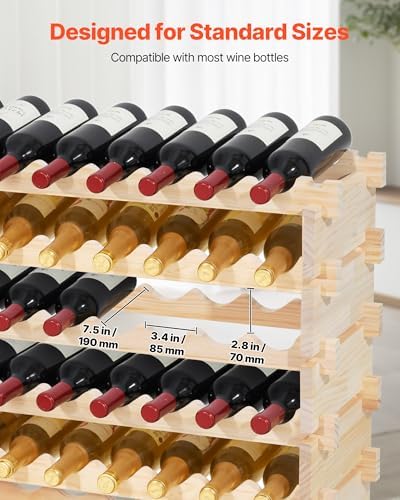 VEVOR 96 Bottle Stackable Modular Wine Rack, 8-Tier Wine Bottle Holder,Solid Wood Floor Freestanding Wine Storage Rack for Pinot Noir Bottles,for Kitchen, Cellar, and Bar, Natural