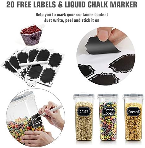 Wildone Cereal Storage Containers Set, Large BPA Free Plastic Airtight Food Storage Containers 4L /135.3oz for Flour, Sugar, 6 Piece Set Cereal Dispensers with 20 Labels & Marker, Grey