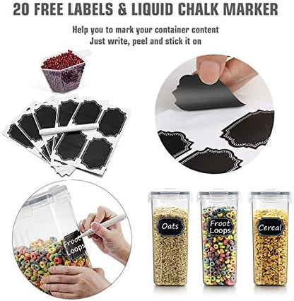 Wildone Cereal Storage Containers Set, Large BPA Free Plastic Airtight Food Storage Containers 4L /135.3oz for Flour, Sugar, 6 Piece Set Cereal Dispensers with 20 Labels & Marker, Grey