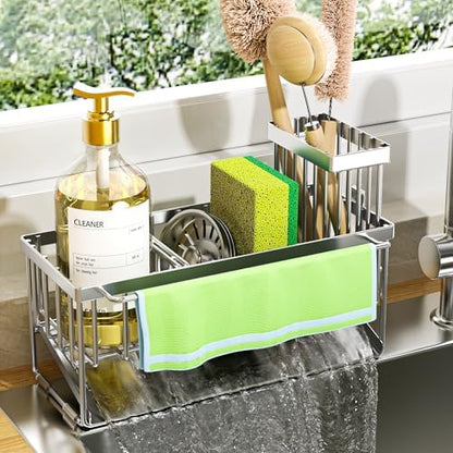 Cisily Kitchen Sink Caddy Organzier with High Brush Holder, Sponge Holder for Sink, 304 Rustproof Stainless, Kitchen Countertop Soap Dispenser Organizer (Silver With Towel Rack, 9.25″)