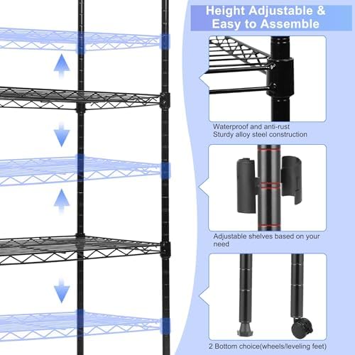 Whitmor 5 Tier Metal Storage Shelves, Heavy Duty with 4 Wheels & Adjustable Feet, 400 lbs Capacity per Shelf, Max 2000 lbs Total for Home, Garage, Workshop, 36" L x 14" W x 60" H, Black