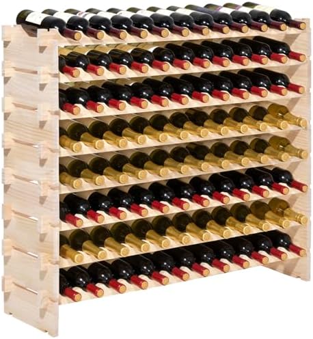 VEVOR 96 Bottle Stackable Modular Wine Rack, 8-Tier Wine Bottle Holder,Solid Wood Floor Freestanding Wine Storage Rack for Pinot Noir Bottles,for Kitchen, Cellar, and Bar, Natural