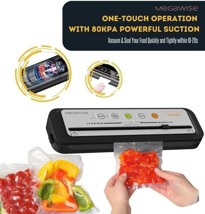 MEGAWISE Vacuum Sealer Machine for Food Storage with Sealer Bags | Automatic Food Sealer for Sous Vide | Compact Design with Built-in Cutter | Works with All Food Types | Easy to Clean (Grey)