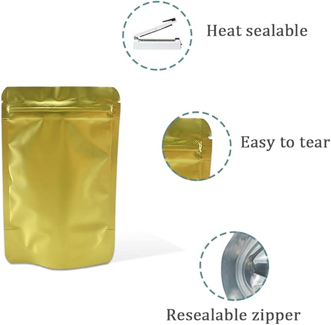 PABCK 50 Pieces 3.35x5.1 inch (Inside Size 2.95x3.15 inch) Stand-Up Resealable Heat Seal Bags 3.55mil Thick Frosted Gold Foil Sealed Bags for Zip Packaging Lock Food Storage Pouch