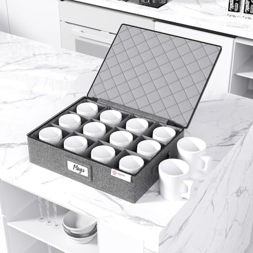 YearningHome Cup and Mug Storage Boxes with Dividers,Hard Shell Coffee Mug Organizer with Lid,Handles,Zips and Label Window for Coffee Mugs,Tea Cups,Packing and Moving,Hold 12,1 Pack, Grey