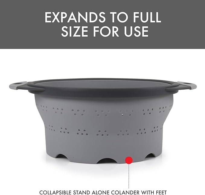 Dexas 10" Collapsible Silicone Colander in Cool Grey, Kitchen Strainer