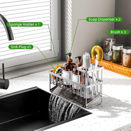 Cisily Extra Large Silver Kitchen Sink Caddy Organzier with High Brush Holder, Sponge Holder for Sink, 304 Rustproof Stainless, Kitchen Countertop Soap Dispenser Organizer For Decor and Accessories