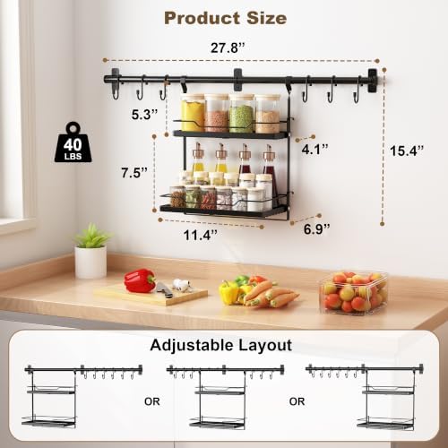 NADAMOO Spice Rack Wall Mount, 2-Tier Kitchen Storage Shelf with Hooks