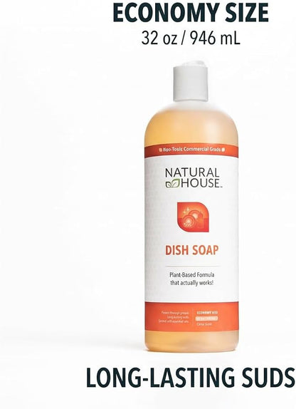 Natural House Scrubby - Plant-Based Enzyme Hand Dish Soap - Cuts Grease, Gentle on Hands - Septic-Safe, Plumbing-Friendly - Sensitive Skin Friendly - Citrus Scent - 32 oz