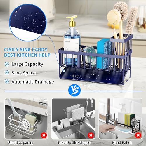 Cisily Navy Blue Sink Caddy Organzier with High Brush Holder, Sponge Holder for Sink, 304 Rustproof Stainless, Kitchen Countertop Soap Dispenser Organizer, Gray Blue Kitchen Decor and Accessories