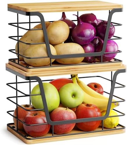 ALOCEO 2 Pack Large Garbage Bag Dispenser for 13/30/33 Gallon Bags, Potato and Onion Storage Baskets with Bamboo Lid, Stainless Steel Stackable Storage Bins for Kitchen Laundry Pantry Room