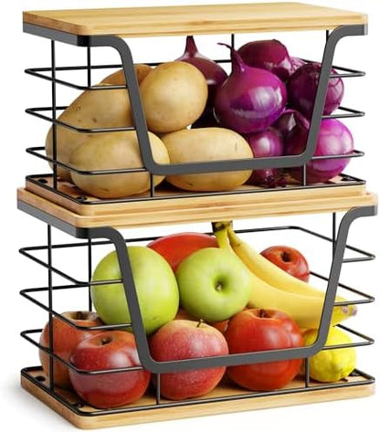 ALOCEO 2 Pack Large Garbage Bag Dispenser for 13/30/33 Gallon Bags, Potato and Onion Storage Baskets with Bamboo Lid, Stainless Steel Stackable Storage Bins for Kitchen Laundry Pantry Room