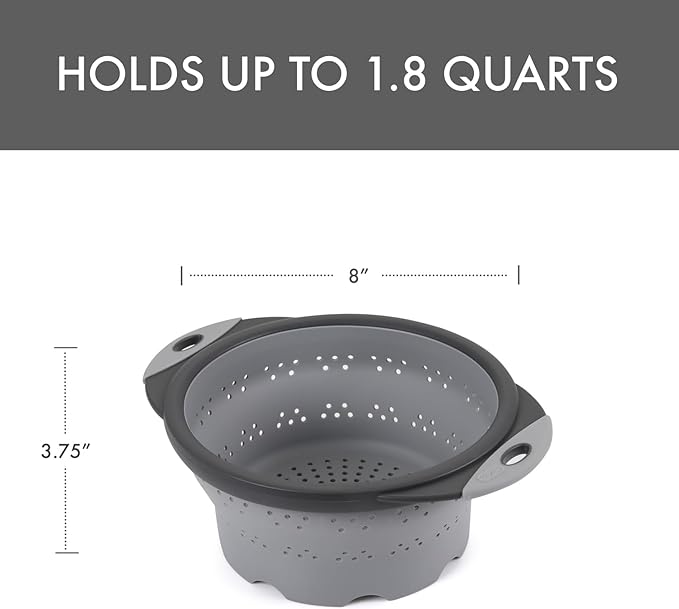 Dexas 8" Collapsible Silicone Colander in Cool Grey, Kitchen Strainer