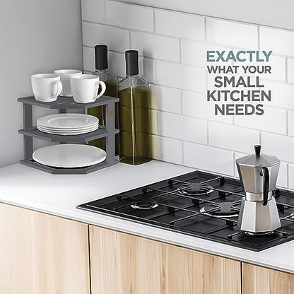 Bambüsi Grey 3-Tier Corner Shelf, Kitchen Cabinet Organizer, Bamboo Rack