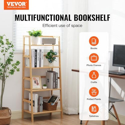 VEVOR 4-Tier Bamboo Ladder Shelf, Trapezoid Open Bookcase, Display Storage Rack Organizer, Freestanding Flower Plant Stand, Ladder Bookshelf Ideal for Bathroom, Bedroom, Office, Study, Natural