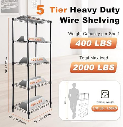 Whitmor 5 Tier Storage Shelves, Heavy Duty Metal Shelving, 400 lbs Capacity per Shelf, 2000 lbs Total, Easy Assembly for Kitchen, Garage, Plant, 18" L x 12" W x 50" H, Black