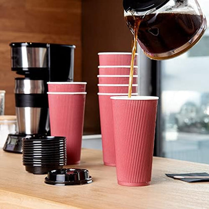 Restaurantware Ripple Wall Coffee Cups 10 Count 20 Ounce Insulated Crimson Paper Cups, Rolled Rim Spill-Resistant Disposable Paper Non-Slip for Coffee, Beverages
