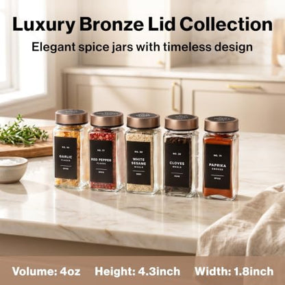 EDELHAUS Glass Spice Jars with Label, 24x Champagne Bronze Steel Lids