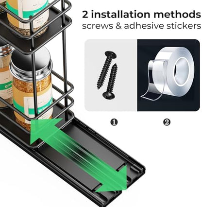 Mystozer Pull Out Spice Rack Organizer for Cabinet, Slide Out Spice Racks, Easy to Install Spice Cabinet Organizer, 2.5" Wx10.43 Dx8.26 H, 1 Drawer 2 Tiers（Black）
