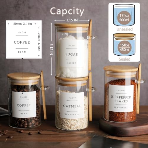 CZZGSM Glass Jar with Bamboo Lid and Spoon - 4 Pcs 17 oz Sugar Container with 132 Food Pantry Labels - Glass Containers with Wooden Lids Hold Coffee, Tea, Candy