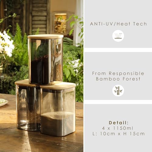 LIBWYS 4-Pack Anti-UV Square Glass Storage Jars with Bamboo Lids (1.22Qt)
