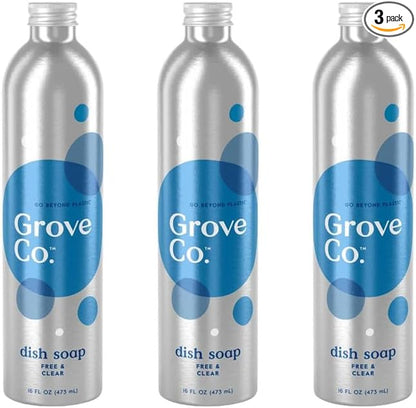 Grove Co. Dish Soap Refills, 3 x 16 fl oz Refills, Free & Clear | Plastic-Free; Removes Stuck on Food; USDA Biobased; 98% plant-based ingredients; Natural Fragrance