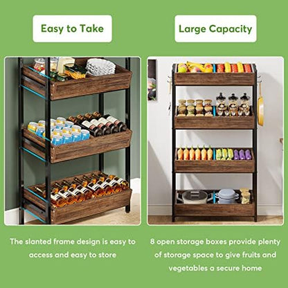 Tribesigns Wood Fruit and Vegetable Basket Stand Rack for Kitchen, Office, Store, Supremarket, Pantry Shelf Unit for Snacks, 4-Tier Wooden Utility Storage Shelves (1, Brown+Black)
