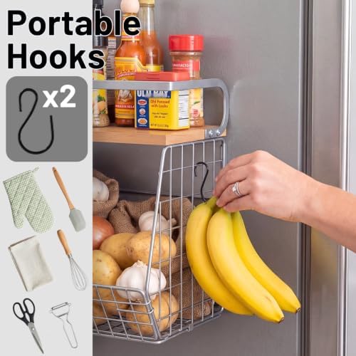 Ofiray-home Magnetic Fridge Shelf with Wood Lid, Fruit Potato Onion Storage Bins, Pantry Organizers, Large Container Spice Rack for Refrigerator, Kitchen Counter, Cabinet (1, Silver)