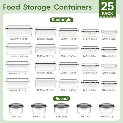 KEMETHY 50-Piece Food Storage Containers with Lids(25 Containers & 25 Lids), Plastic Food Containers for Pantry & Kitchen Storage and Organization, BPA-Free, Leak Proof, Reusable with Labels & Pen