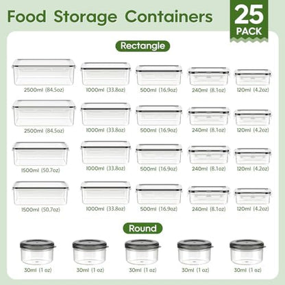 KEMETHY 50-Piece Food Storage Containers with Lids(25 Containers & 25 Lids), Plastic Food Containers for Pantry & Kitchen Storage and Organization, BPA-Free, Leak Proof, Reusable with Labels & Pen