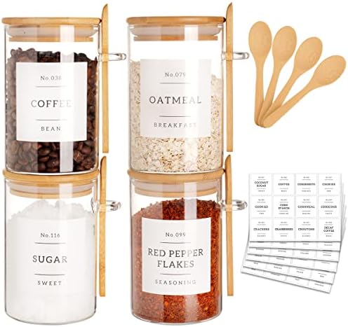 CZZGSM Glass Jar with Bamboo Lid and Spoon - 4 Pcs 17 oz Sugar Container with 132 Food Pantry Labels - Glass Containers with Wooden Lids Hold Coffee, Tea, Candy
