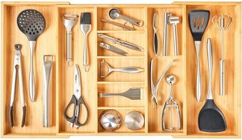Umilife Extra Large Expandable Kitchen Drawer Organizer for Utensil and Junk, 19" Deep for Big Drawer, 19" to 33" Adjustable Bamboo Wood Drawer Divider, Cutlery Tray, Flatware Holder