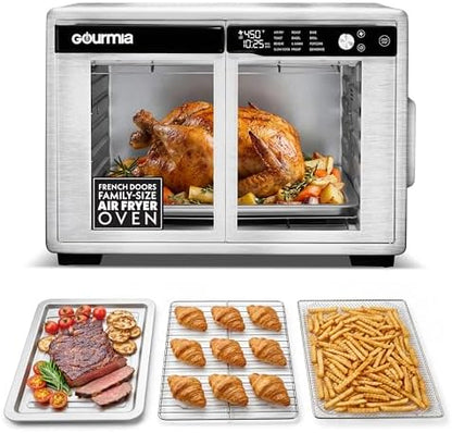 Gourmia French Door Digital Air Fryer Oven - XL 25QT Capacity, 12 Presets, FryForce 360° Tech, Dehydrate, Proof, Slow Cook, Fits 13” Pizza, 1700W, Stainless Steel