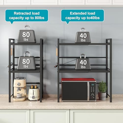 DOLALIKE Microwave Oven Rack, Expandable Microwave Stand Countertop Kitchen Utensils Tableware Storage, Carbon Steel Over Microwave Shelf Countertop with 3 Hooks
