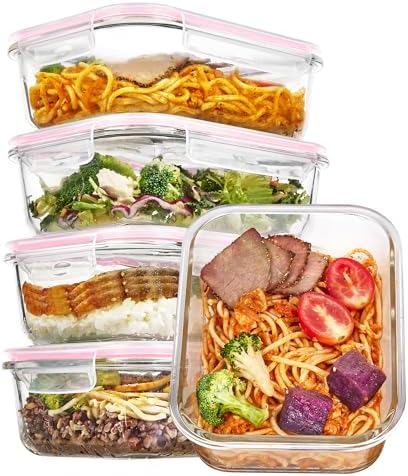 Vtopmart 5 Pack 35oz Glass Food Storage Containers with Lids, Pink