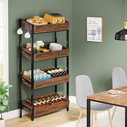 Tribesigns Wood Fruit and Vegetable Basket Stand Rack for Kitchen, Office, Store, Supremarket, Pantry Shelf Unit for Snacks, 4-Tier Wooden Utility Storage Shelves (1, Brown+Black)
