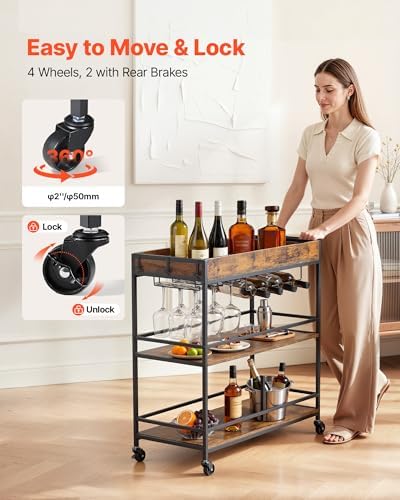 VEVOR Bar Cart with Wheels, Large Wide 3-Tier Rolling Serving Cart, 34.64-Inch Beverage Station with Wine Rack, Glass Holder and S Hooks for Home Kitchen, Rustic Brown and Black