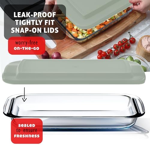 Eatex 8-Piece Deep Glass Casserole Dishes for Oven with Plastic lids, Rectangular Glass Baking Dish Set, Baking Pans for Lasagna,Leftovers, Cooking, Kitchen, Freezer-to-Oven and Dishwasher, Sage Green