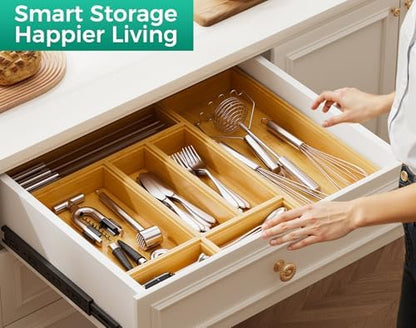 Bamboo Kitchen Drawer Organizer Boxes 12" x 6" Stackable Wooden Organizers